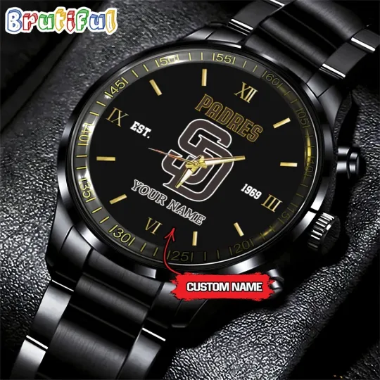 Custom San-Diegos Team-Padres Baseball BlackStainless Steel Watch