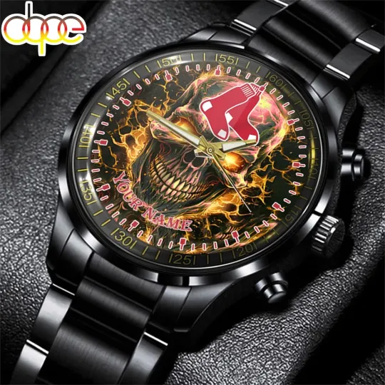Discover Custom Boston Team Red-Soxs Baseball Skull Black Stainless Steel Watch