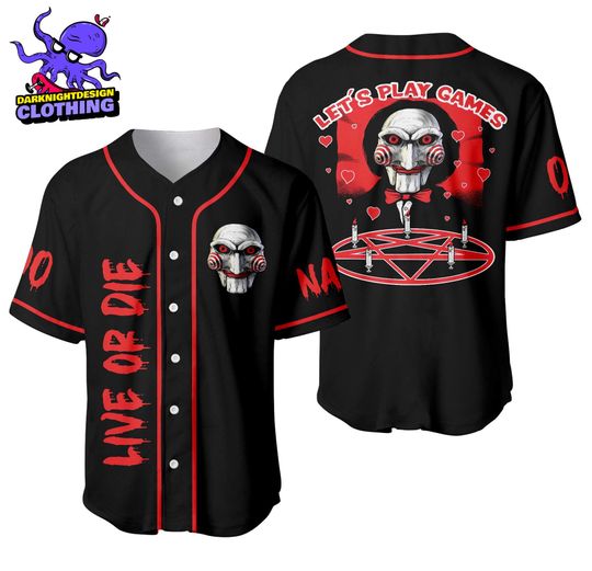 Discover Jigsaw Play A Game Personalized Baseball Jersey, Horror Halloween Shirt, Scary Movie Jersey, Horror Jersey, Saw Jigsaw Jersey