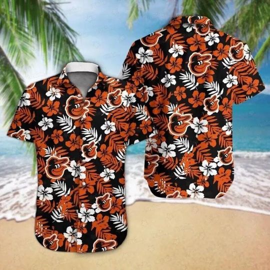 Baltimore Orioles Hawaiian Shirt, Baseball Aloha, Black Orange Floral Button-up
