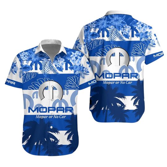 Discover Mopar or No Car Hawaiian Shirt, Blue White Tropical Beach Shirt, Car Enthusiast Summer Vacation Wear, Gift for Mopar Fans
