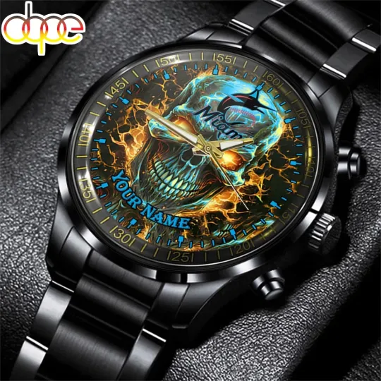 Discover Custom Miami Team Marlins Baseball Skull Stainless Steel Watch