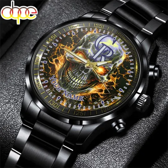 Discover Custom Colorados Team Rockies Baseball Skull Stainless Steel Watch
