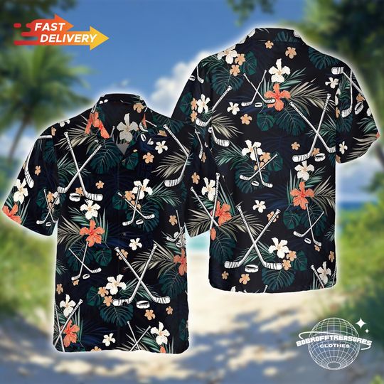 Hockey Hawaiian Shirt, Black & Blue Tropical Design, Casual Wear for Hockey Fans, Sports Lover Gift