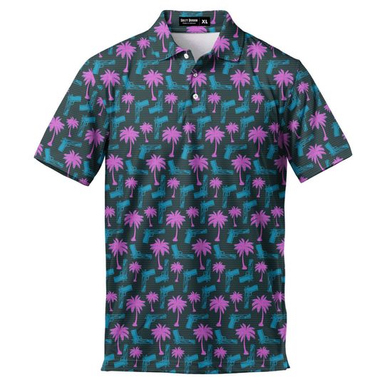 Retro Neon Palm Tree Gun Hawaiian Polo Shirt for Men Short Sleeve Button-Up Shirt