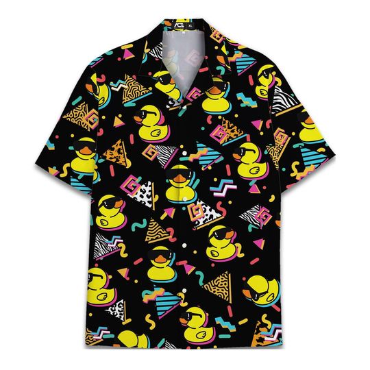 Discover Rubber Duck Hawaiian Shirt Men Short Sleeve Button-Down Bowling Duckies Black Shape Shirt