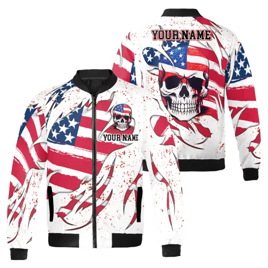 Discover Personalized American Flag Horror Skull Bomber Jacket for Halloween