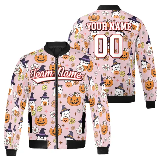 Discover Personalized Ghost Pumpkin Floral Bomber Jacket for Halloween