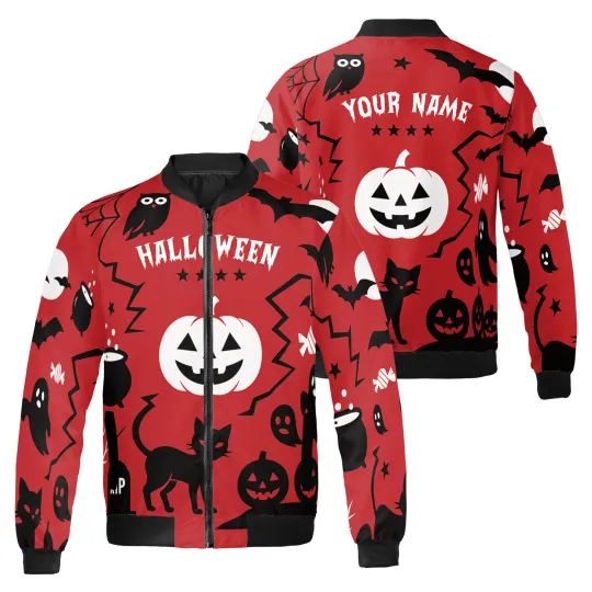 Personalized Halloween Pumpkin Face Black Cat Bomber Jacket