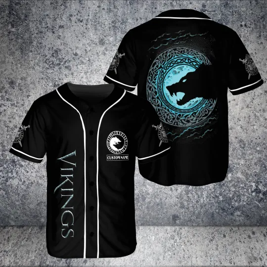 Discover Personalized Name Vikings Dark Moon Wolf AOP Baseball Jersey