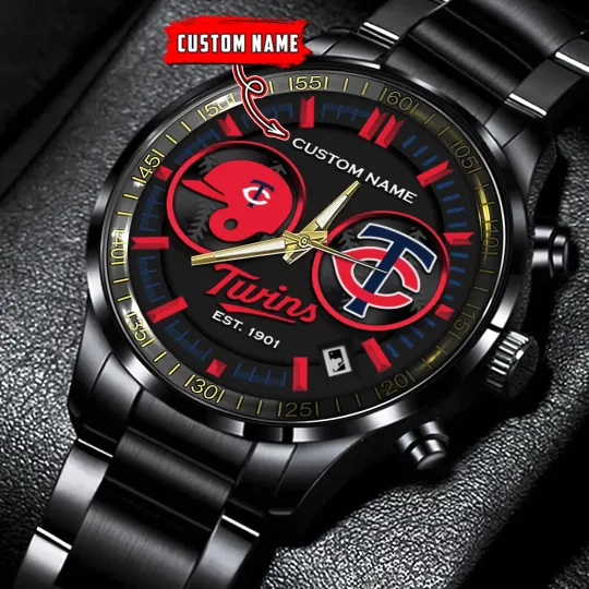 Discover Minnesota Team Twins Doubles Baseball Black Stainless Steel Watch