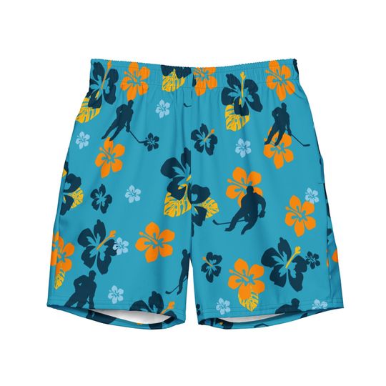 Island Interference Mens Swim Trunks Teal Hawaiian Hockey Pattern