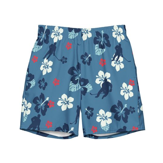 Ocean Rink Men's Swim Trunks with Hawaiian Floral and Hockey Player Design