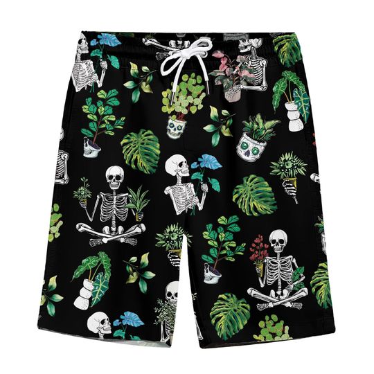 Discover Men's Tropical Skull Tree Hawaiian Shorts Green Skeleton Beach Shorts