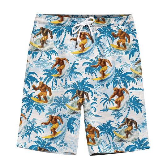 Discover Tropical Bigfoot Surfing Hawaiian Shorts for Men Summer Beach Palm Tree