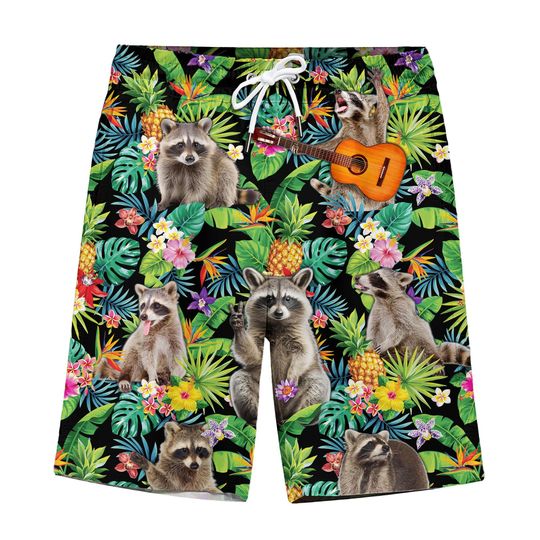 Men's Raccoon Tropical Pineapple Floral Shorts for Summer Swim and Casual Wear