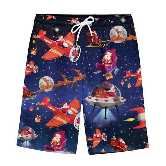 Funny Santa 3D Airplane Fly Christmas Hawaiian Shorts for Men