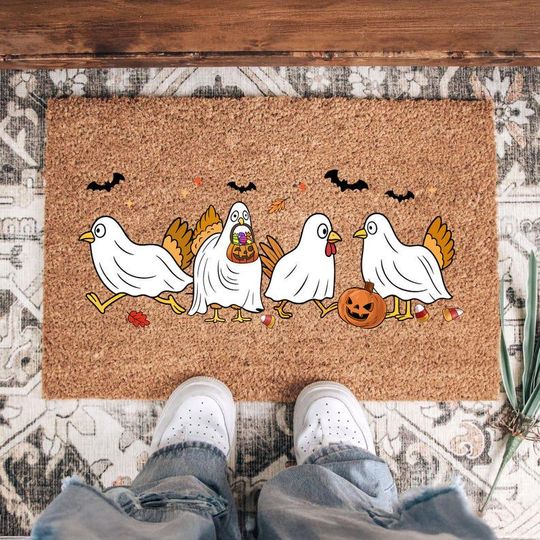 Discover Chicken Ghost Halloween Doormat, Funny Spooky Chicken Fall Welcome Mat, Spooky Season Porch Decor, Chick Or Treat Outdoor Front Door Rug