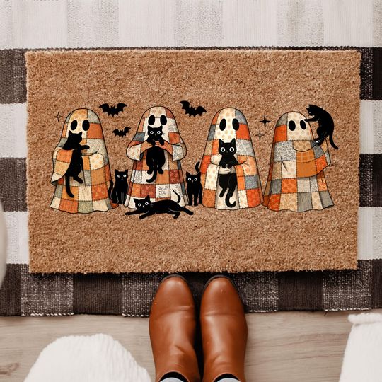 Halloween Ghost Cats Mat, Funny Halloween Door Mat, Bat Lover Gifts, Halloween Welcome Mat, Funny Doormat, Funny Ghost Halloween Doormat