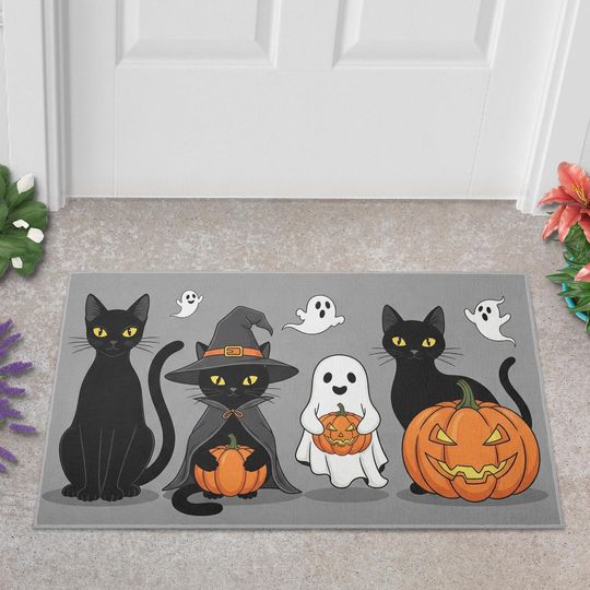 Discover Halloween Doormat With Black Cats & Ghosts, Spooky Welcome Mat, Cute Pumpkin Decor, Fall Porch Rug, Witch Cat Door Mat, Halloween Gift