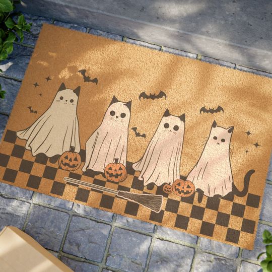 Spooky Cats Doormat, Halloween Welcome Mat, Ghost Cats, Cute Halloween Decor, Porch Mat, Outdoor Rug, Coir Door Mat, Fall Decor, Fun Decor