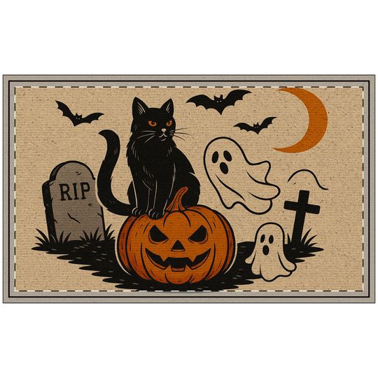 Discover Halloween Cat Doormat | Spooky Entryway Rug, Fall Decor, Trick or Treat Welcome Mat, Halloween Decorations, Safe for Indoor Outdoor Use