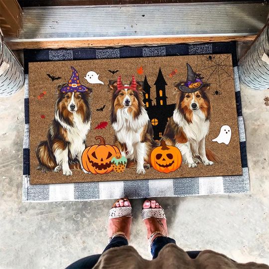 Discover Halloween Shetland Sheepdog Mat, Spooky Season Doormat, Halloween Sheepdog Doormat, Dog Lovers Gifts, Halloween Dog Doormat, Fall Decor Gift