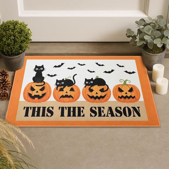 Discover Black Cat Pumpkin Doormat, Cute Halloween Porch Rug, Spooky Fall Entryway Mat, Trick or Treat Front Door Decor, Autumn Welcome Rug