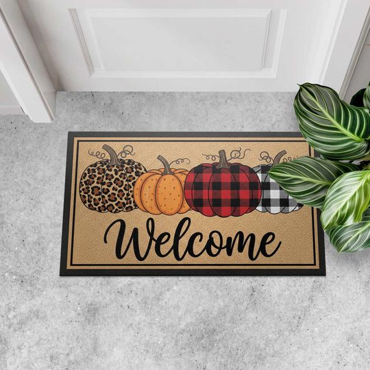 Discover Fall Welcome Mat, Plaid Pumpkin Doormat, Leopard Print Halloween Decor, Farmhouse Autumn Porch Sign, Front Door Mat