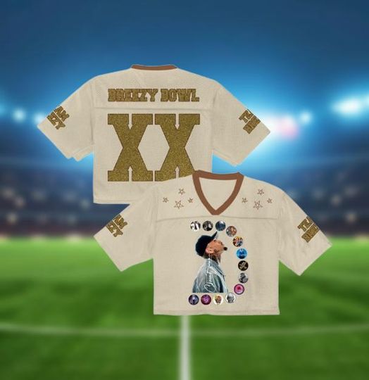 Discover Chris Brown Breezy Bowl XX Crop Top Football Jersey, Full Mesh Gold Glitter Text Shirt Custom Name Number Concert Outfit Fan Gift