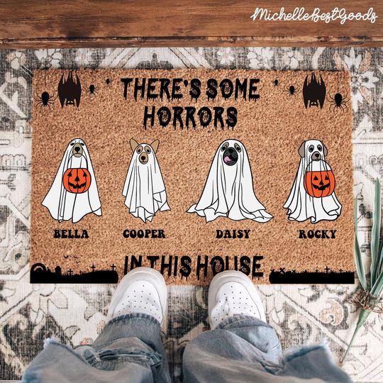 Personalized Dog Ghost Halloween Doormat, Halloween Door Mat, Welcome Doormat, Halloween Gift, There's Some Horrors in This House Doormat