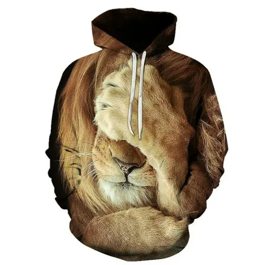Discover Men Hoodie Pullover Hooded Lion 3D Graphic Brown Size S-5XL