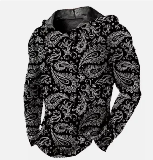 Men Hoodie Pullover 3D Hooded Paisley Black