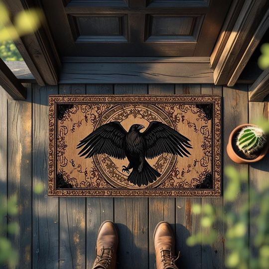 Raven Doormat, Gothic Crow Rug, Spooky Door Mat, Rustic Halloween Decor, Black Bird Welcome Mat, Witchy Outdoor Rug