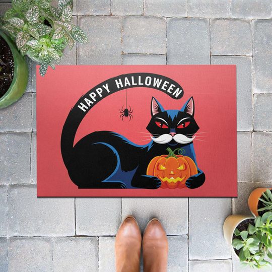 Discover Happy Halloween Black Cat Doormat, Spooky Cat Welcome Mat, Pumpkin Jack O Lantern, Cat Lover Gift, Cute Halloween Decor, Fall Entryway Decor