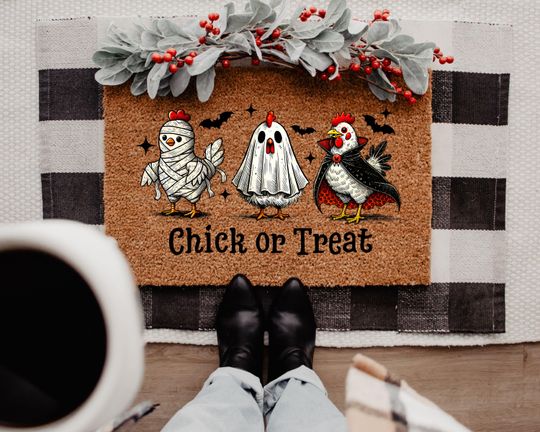 Discover Chick or Treat Halloween Doormat - Funny Halloween Chicken Doormat - Spooky Front Porch Doormat - Halloween Welcome Doormat - Farmhouse Mat