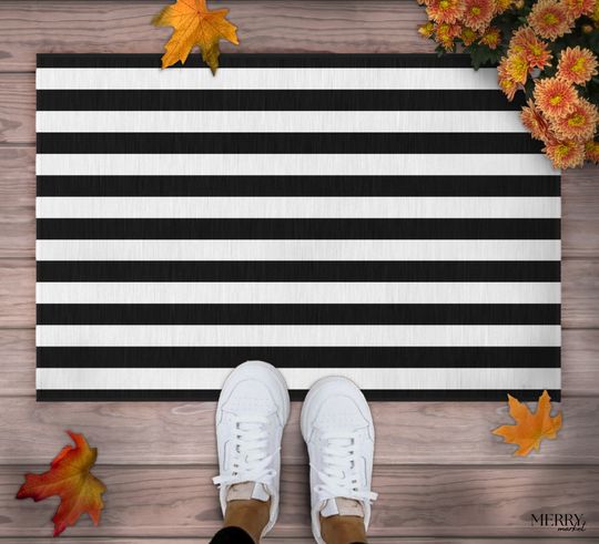 Discover Halloween Door Mat,Fall Black and White Striped Doormat,Layered Welcome Mat,Autumn Striped Indoor Outdoor Front DoorMat,Halloween Door Decor