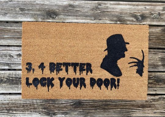 Horror Movie Doormat, 3 4 Better Lock Your Door, Freddy, Fall Decor, Home Decor, Personalized Doormat, Halloween Doormat, Scary Movie Decor