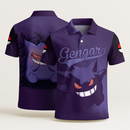 Gengar Polo Shirt, Fun Ghost Unisex Shirt, Cute Purple Gengar Shirt, Summer Aloha Polo Style, Unique Gift Idea