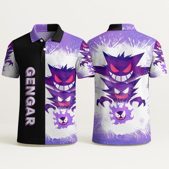 Gengar Polo Shirt, Fun Unisex Polo with Ghost Design, Summer Aloha Polo, Cute Purple Gengar Shirt, Unique Gift Idea
