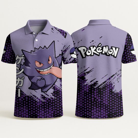Gengar Polo Shirt, Fun Unisex Polo with Ghost Design, Cute Purple Gengar Shirt, Aloha Summer Polo Style, Unique Gift Idea