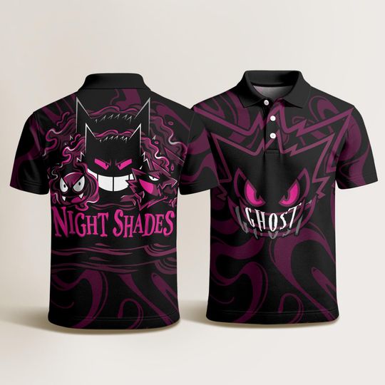 Gengar Polo Shirt, Unisex Custom Polo with Ghost Design, Fun Purple Gengar Shirt, Aloha Summer Polo, Unique Gift Idea