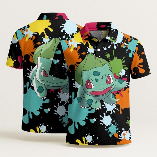 Bulbasaur Polo Shirt, Fun Colorful Unisex Shirt, Cute Bulbasaur Shirt, Summer Aloha Polo Style, Unique Gift Idea, Bulbasaur Shirt Gifts
