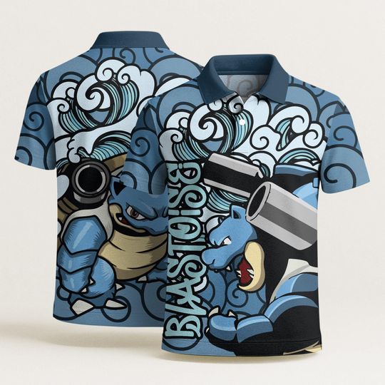 Blastoise Polo Shirt, Fun Unisex Ocean Wave Design Shirt, Summer Aloha Polo Style, Unique Gift Idea, Cute Blastoise Shirt Gifts