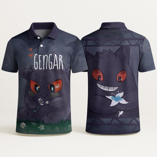 Gengar Polo Shirt, Fun Unisex Polo with Ghost Design, Summer Aloha Polo, Cute Purple Gengar Shirt, Unique Gift Idea