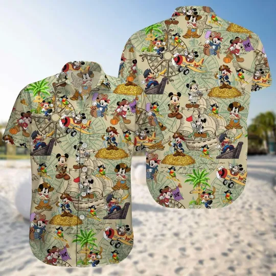 Mickey Mouse Pirate Compass Hawaiian Button Down Shirt