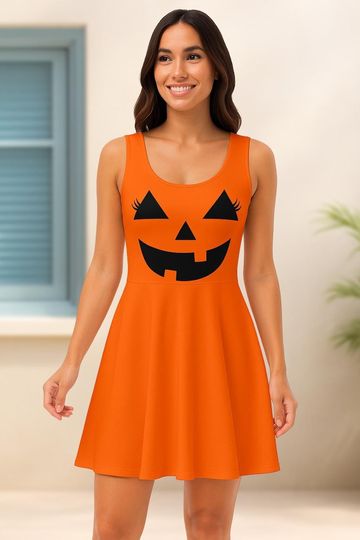 Halloween Pumpkin Face Skater Dress, Gothic Cosplay Sleeveless Costume