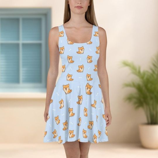 Corgi Dog Costume Dress, Girl Summer Sleeveless Puppy Print Dress, Dog Mom Mini Dress for Women