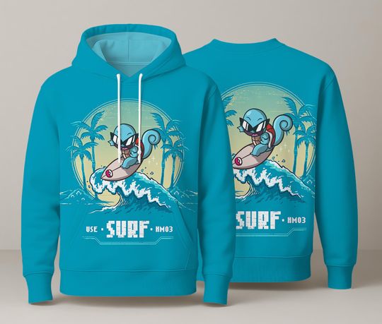 Surf Squirtle Hoodie, Funny Anime Style Water Type, Kawaii Pullover, Squirtle Graphic Hoodie