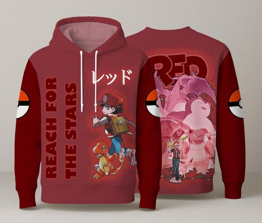 Ash and Friends Hoodie, Anime Graphic Double Sided Hoodie, Pika Charmander Hoodie